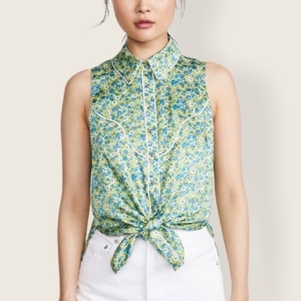 Cinq A Sept Womens Leon Sleeveless Pearl Snap Floral Print Blouse